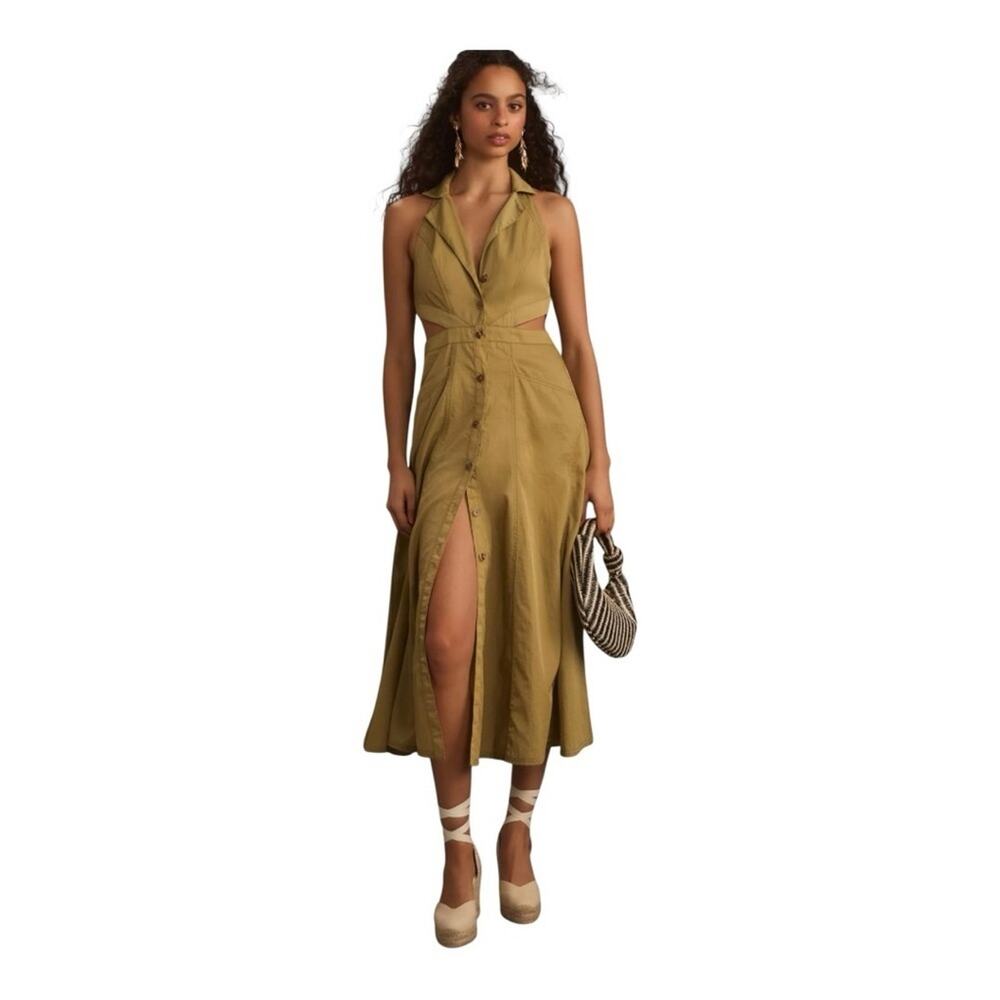 Pilcro Halter Plunge Midi Dress Olive Twill Size 8 Anthropologie